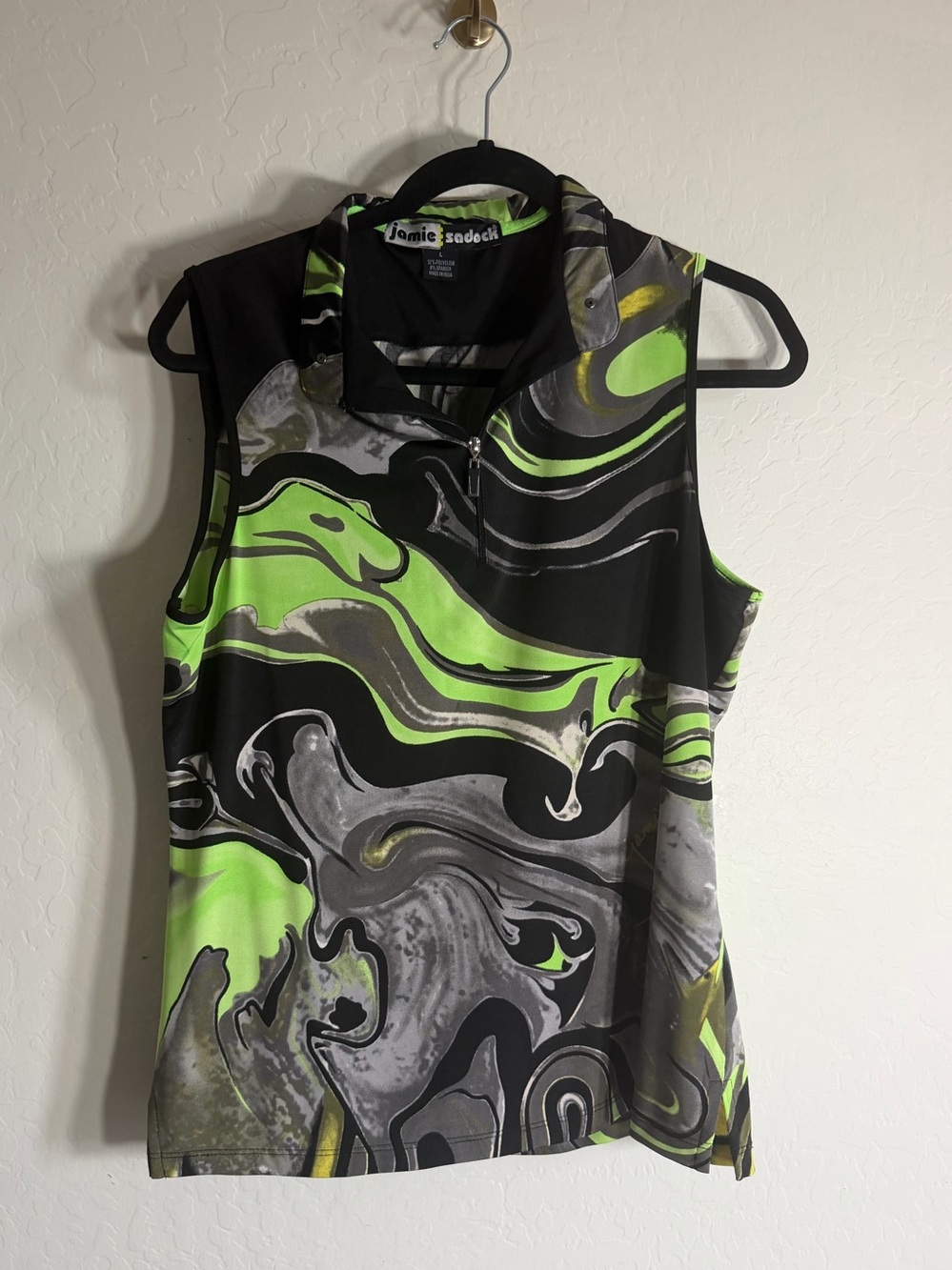 Jamie Sadock Sleeveless Golf Polo - Neon Green Marble Print L